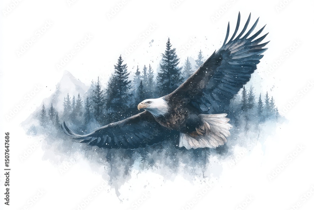 A powerful eagle gracefully glides through a tranquil forest scene, surrounded by towering pine trees, while mist envelops the landscape at twilight, evoking a sense of peace and freedom.