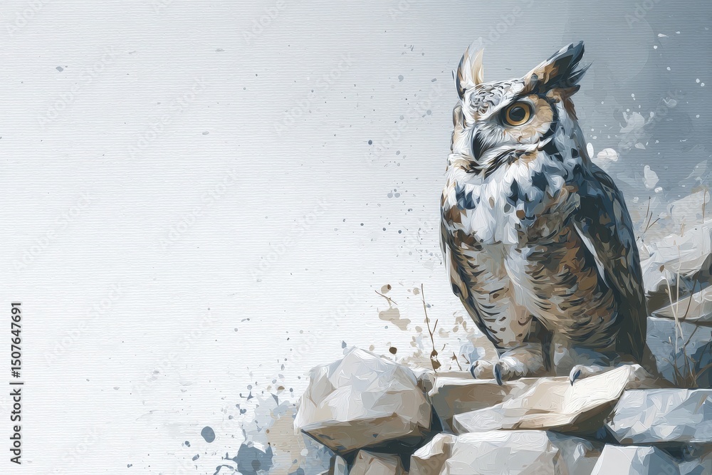 An owl with striking features stands confidently on a rocky surface, surrounded by a soft, blurred background.