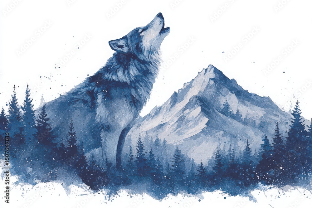 A powerful wolf stands proudly, howling at the moonlit sky. The backdrop features rugged mountains and a dense forest, creating a serene wilderness atmosphere at dusk.