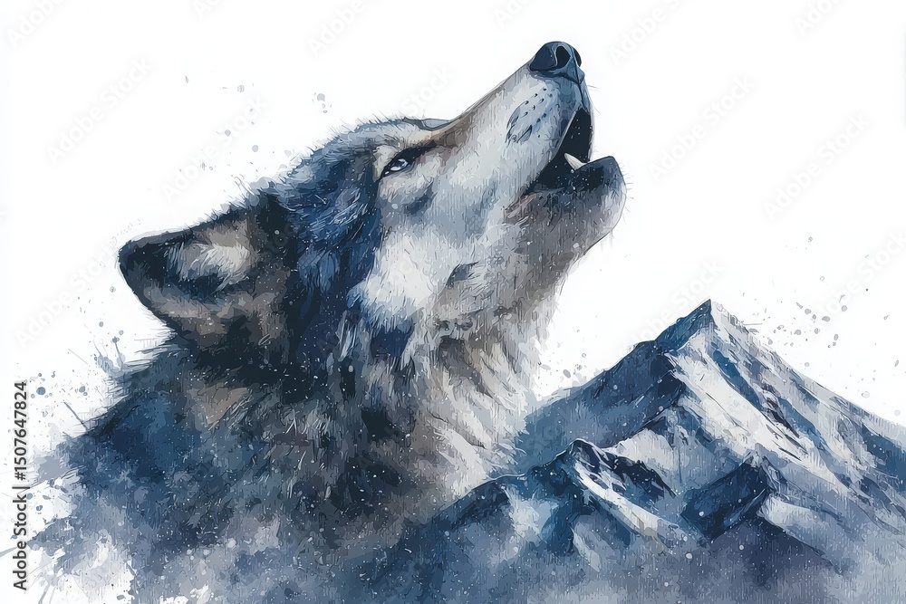 A wolf is howling against a mountainous backdrop in a watercolor style. The focus is on the wolfs expressive features, surrounded by cool colors that enhance the natural scene.