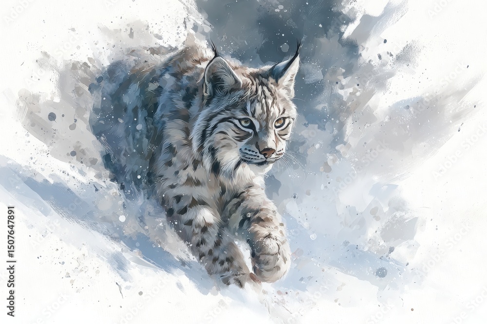 A lynx moves gracefully through the snow, its coat blending into the wintry backdrop. The scene captures the animals agility and the tranquility of a cold, peaceful environment.