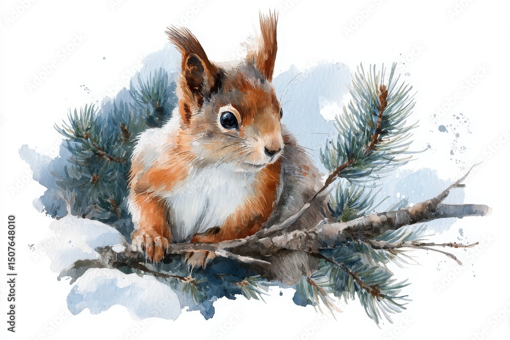 This charming squirrel sits on a branch of a pine tree, showcasing its reddish-brown fur and bright eyes. Snowflakes softly blanket the ground, creating a serene winter atmosphere.