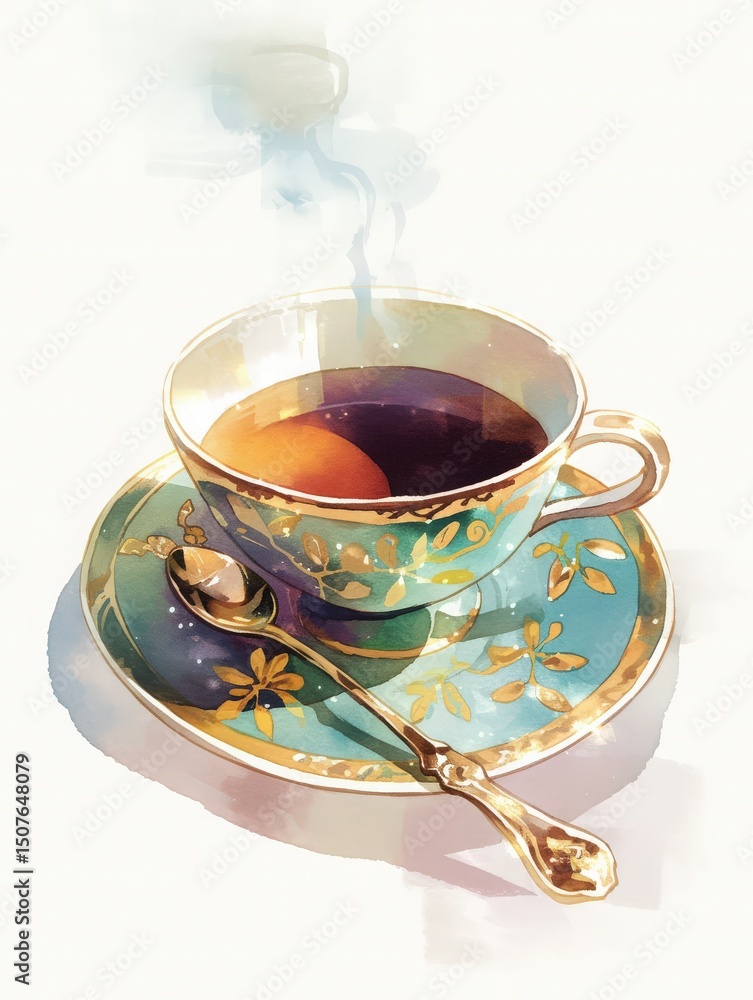 A beautifully designed tea cup with a floral pattern sits on a matching saucer. Dark tea fills the cup, with steam rising gently, creating a serene atmosphere perfect for relaxation.