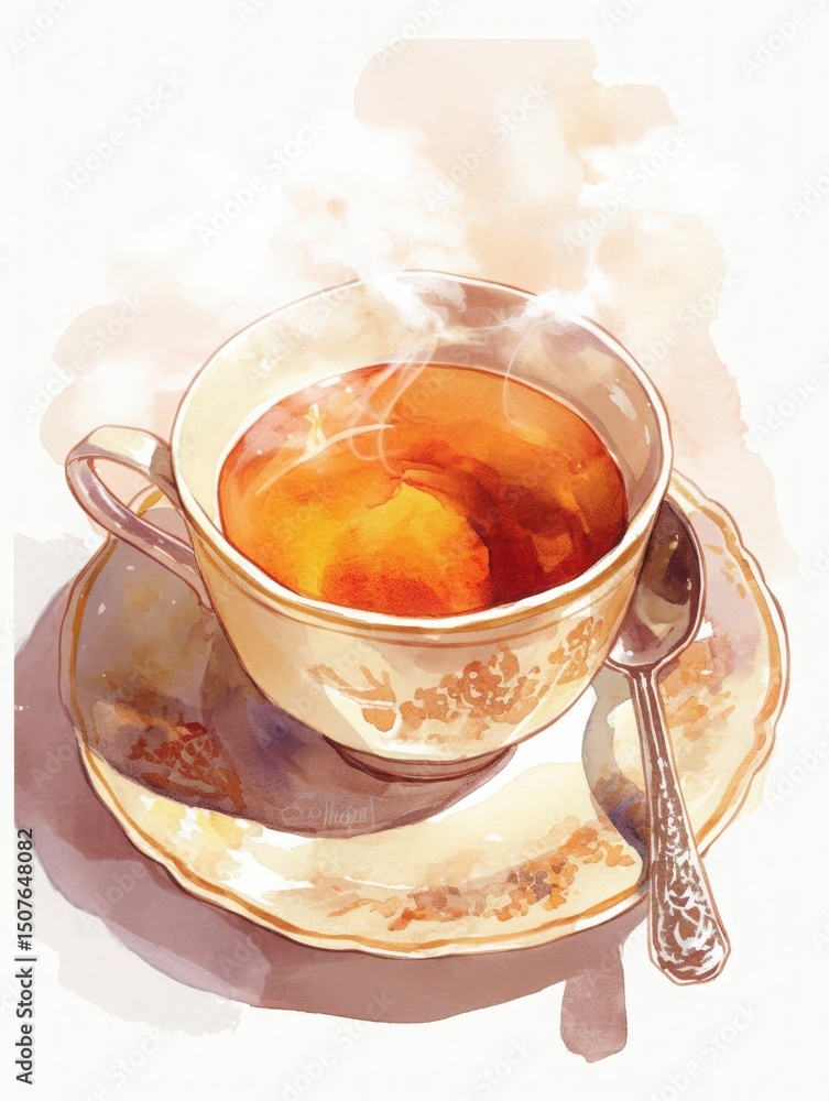 A steaming cup of tea sits elegantly on a decorative saucer, with a silver spoon resting beside it. The serene atmosphere suggests a quiet afternoon, inviting relaxation and comfort.