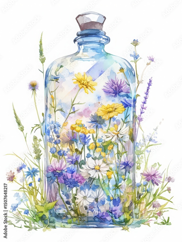 A glass bottle filled with a variety of colorful wildflowers stands amidst lush greenery. The delicate blooms showcase shades of blue, yellow, and white, creating a serene and artistic display.