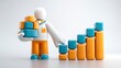 © Bear Studio - Business Growth Illustrated with Stacked Cubes and a Figure Pointing to a Bar Chart