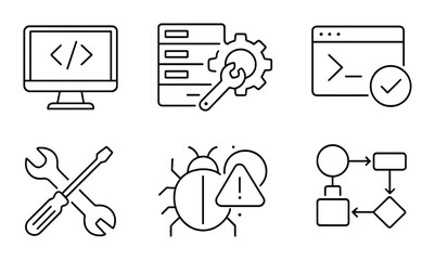 Technology and development outline icons set – coding, programming and software symbols