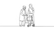 © Iryna - Young woman helping elderly woman with walker, line style PNG illustration on transparent background
