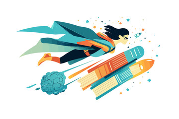 Wall Mural - a book lies open, surrounded by a brain and a user soaring through space amidst planets, symbolizing