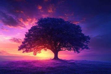 Aufkleber - Nature's silhouette against a vibrant sunset sky showcasing a blend of purple, orange, and yellow hues with intricate tree branches creating dramatic patterns
