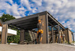 © Tomasz Zajda - Craftsman Constructs a Modern Outdoor Structure on a Sunny Day Amid Fluffy Clouds in a Residential Area