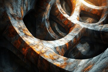 Poster - Complex interlocking metallic rings create a mesmerizing abstract structure with warm light illuminating the scene from above