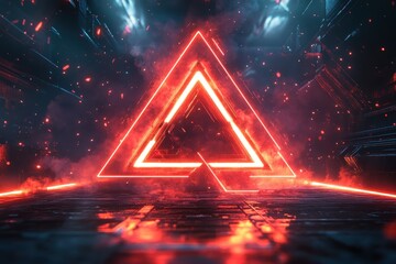 Aufkleber - Vibrant neon triangle illuminated against a dark electronic circuit background showcasing futuristic technology during night hours