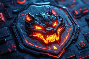 Aufkleber - Detailed illustration of a fiery dragon emblem set against a dark, textured background with hints of glowing red elements, showcasing intricate design and captivating colors