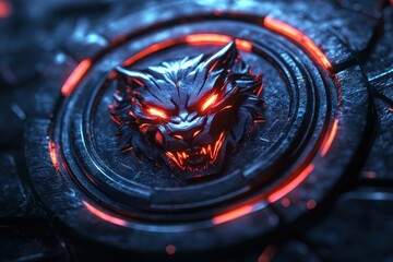 Aufkleber - Detailed illustration of a fiery dragon emblem set against a dark, textured background with hints of glowing red elements, showcasing intricate design and captivating colors