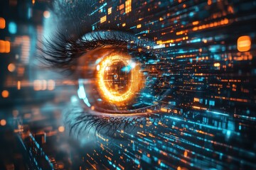 Poster - Eye reflects vibrant digital data at night in a modern tech-inspired setting showcasing innovation and creativity