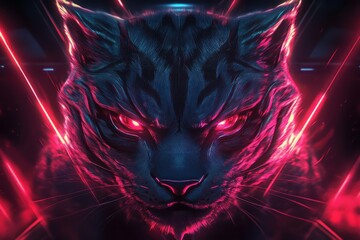 Poster - Powerful black panther head with vibrant neon colors and striking details set against a dark background creating an electrifying tech-inspired aesthetic