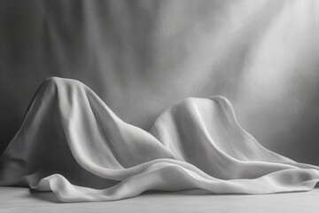 Poster - Textured gray fabric draped elegantly showcasing fine woven details and soft folds against a dark background in a well-lit setting