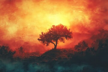 Poster - Majestic tree silhouetted against a vibrant sunset sky with flying birds