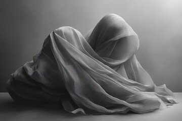 Poster - Elegant white fabric drapes artistically arranged against a neutral background capturing the essence of softness and movement