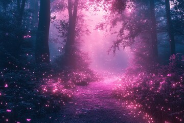 Aufkleber - A magical forest illuminated by glowing flowers at twilight with mist and soft pink hues highlighting the serene landscape