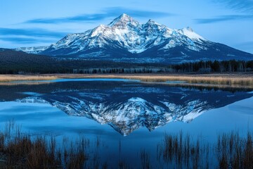 Poster - Snow-covered mountain reflects in calm lake at dawn over a pristine landscape, capturing the serenity of nature in a remote wilderness area