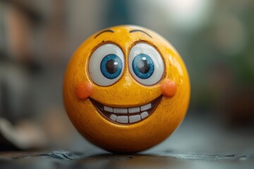 Poster - Bright yellow cheerful smiley face resting on a surface outdoors, capturing joy and positivity in a vibrant urban environment