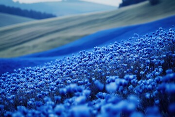 Aufkleber - Vibrant field of blue flowers under soft light in rolling hills at dusk captures the beauty of nature and tranquility
