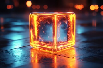 Fototapete - Glowing orange cube rests on reflective surface in a dimly lit space showcasing vibrant light effects and textures