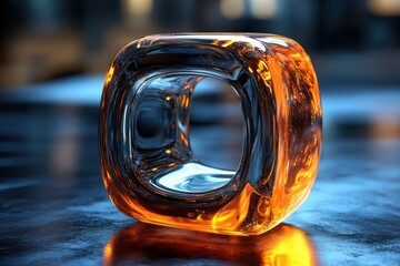 Poster - Glowing orange cube rests on reflective surface in a dimly lit space showcasing vibrant light effects and textures