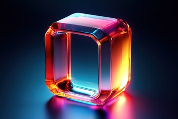 Fototapete - Glowing orange cube rests on reflective surface in a dimly lit space showcasing vibrant light effects and textures