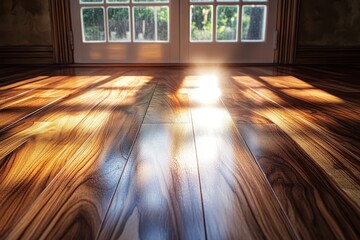 Poster - Sunlight casts dramatic patterns on polished wooden floor in an elegant room, showcasing a warm ambiance during late afternoon hours