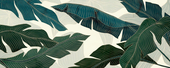 Wall Mural - botanical art background with tropical palm leaves with line elements. vector plant banner for decor
