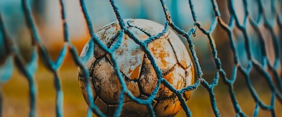 Worn Soccer Ball in Netting - Close Up