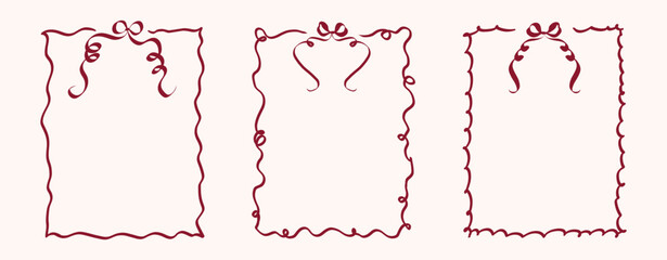 Aufkleber - Girly Ribbon Bow frames of hand drawn line art style. Coquette cute birthday borders for Valentine day cards, menu and Wedding invitations templates. Set of Doodle outline vector illustration