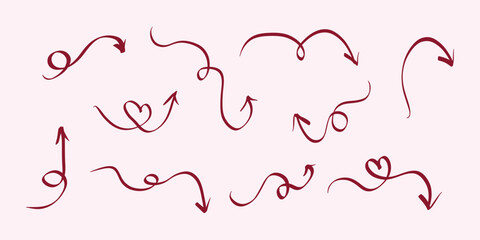 Poster - Hand drawn arrows vector icons set. Sketch different curved lines and heart shaped elements. Doodle marker drawing and Direction pointers. Scribbles and scrawls vector illustration