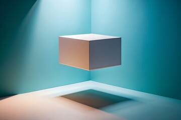 Wall Mural - White floating cube in brightly lit minimalist teal room creating dynamic shadows ideal for abstract 3D rendering or creative design mockup