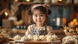 Little Girl in Pink Top & Polka Dot Apron: Cozy Family Kitchen Baking Scene with Meringue Cookies & Tools