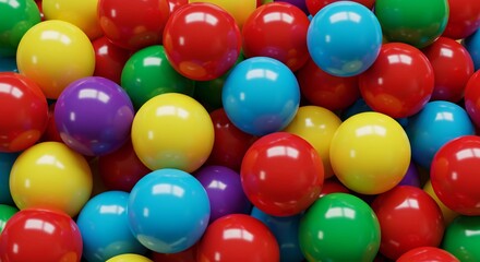 a dense collection of glossy spheres, featuring bright red, blue, yellow, green, and purple colors, 