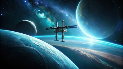 Wall Mural - a futuristic space station orbits a celestial body amidst a nebula and planets