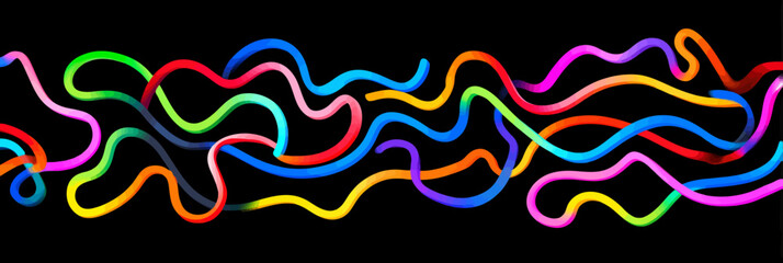 Wall Mural - abstract gradient 3d waves: rainbow ribbon lines & wavy pattern on black background � vector design