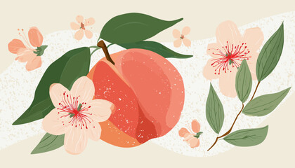 Wall Mural - pastel abstract fruit art � modern hand-drawn peach with leaves and flowers for wall decor, packagin