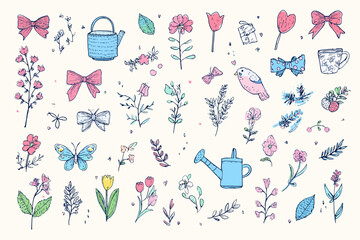 Wall Mural - hand-drawn spring elements � minimalist floral sketches with birds, butterflies, and garden motifs