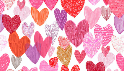 Wall Mural - colorful hearts seamless pattern vector with hand-drawn textures, doodles, and bright grunge for val