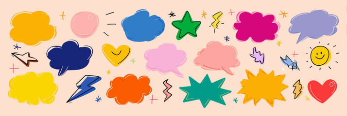 Wall Mural - cute comic speech bubble and cartoon effect icon set with emoji, star spark, heart, arrow, and line 