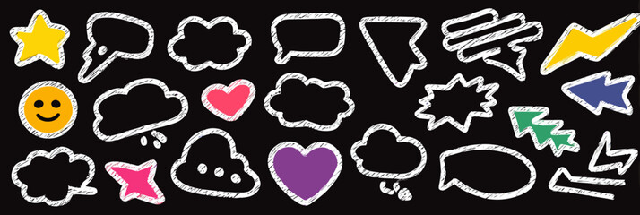 Wall Mural - cute comic speech bubble and cartoon effect icon set with emoji, star spark, heart, arrow, and line 