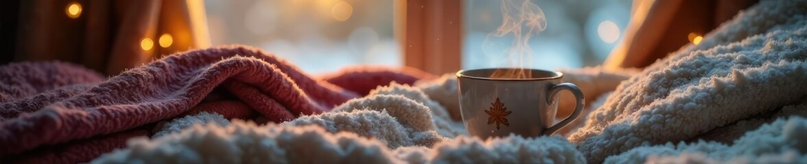 Wall Mural - A cozy winter scene featuring warm blankets, a steaming mug, and soft lighting, evoking feelings of comfort and care during the cold season , homey, relaxation, holiday