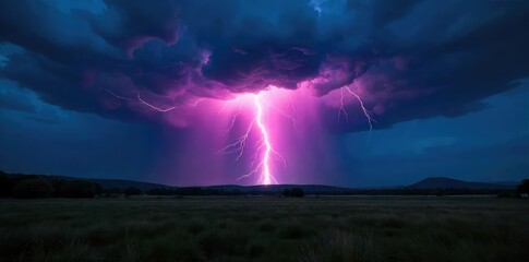 Wall Mural - A dramatic, dark landscape under a powerful thunderstorm with vivid lightning illuminating the scene Rain lashes down, creating a powerful and awe-inspiring natural display , energy, thunder