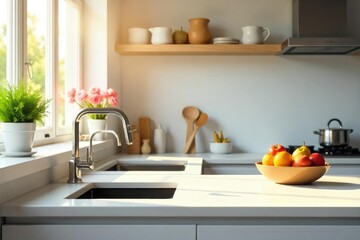 Wall Mural - A neatly organized kitchen counter with gleaming appliances, fresh flowers, and a bowl of fruit Sunlight streams in through a window, highlighting the cleanliness and order , lunch, fruit, neat