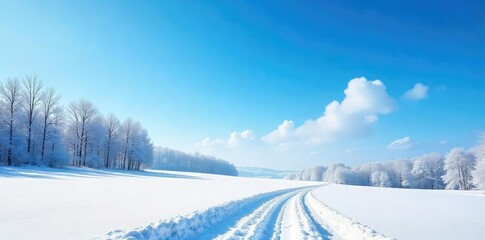 Wall Mural - A serene winter landscape under a brilliant blue sky Snow-covered fields stretch to the horizon, trees stand stark against the vibrant blue, a picturesque scene of peaceful cold , twigs, serene